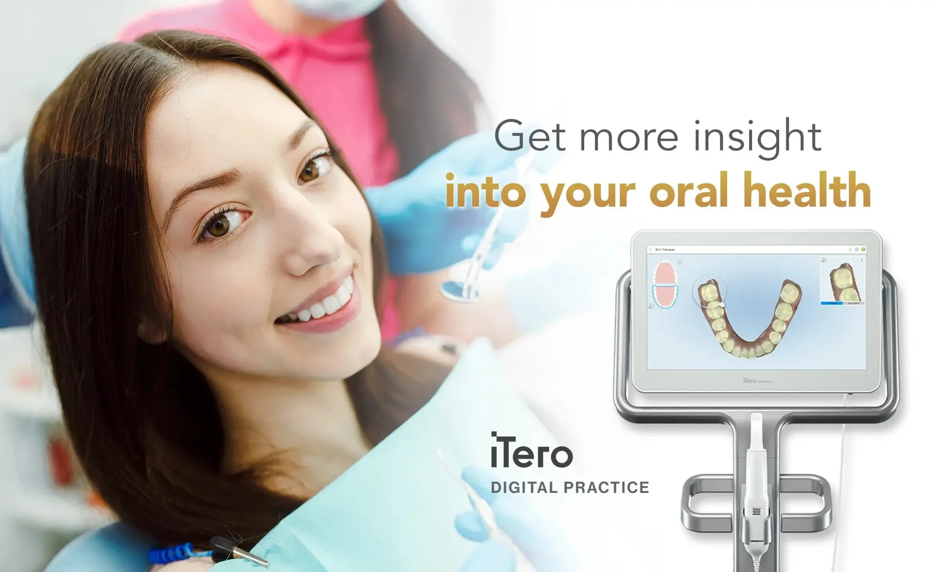 iTERO Element digital scanner showing a 3-D scan of a patient's teeth, with the caption: get more insight into your oral health
